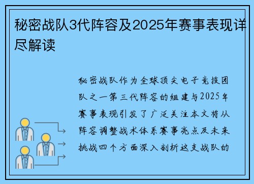 秘密战队3代阵容及2025年赛事表现详尽解读